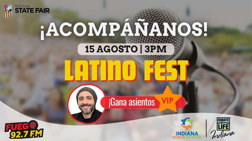 Indiana State Fair Latino Fest event poster with microphone icon, "Gana asientos VIP" text, and FUEGO 92.7 FM radio station logo.