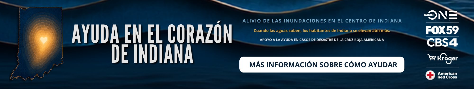Graphic promoting "Ayuda en el Corazon de Indiana" (Help in the Heart of Indiana) to support American Red Cross disaster relief efforts in Indiana.
