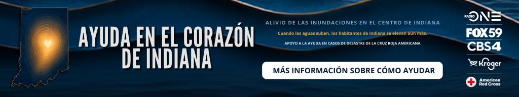 Graphic promoting "Ayuda en el Corazon de Indiana" (Help in the Heart of Indiana) to support American Red Cross disaster relief efforts in Indiana.